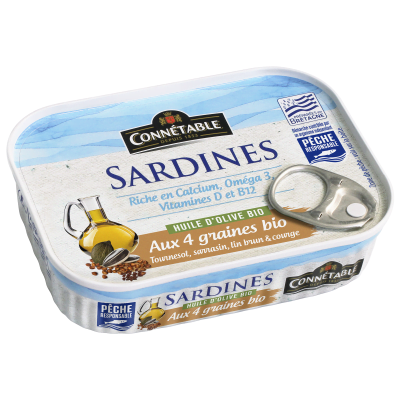 Sardines Pêche Responsable, à l'huile d'olive bio et aux 4 graines bio
