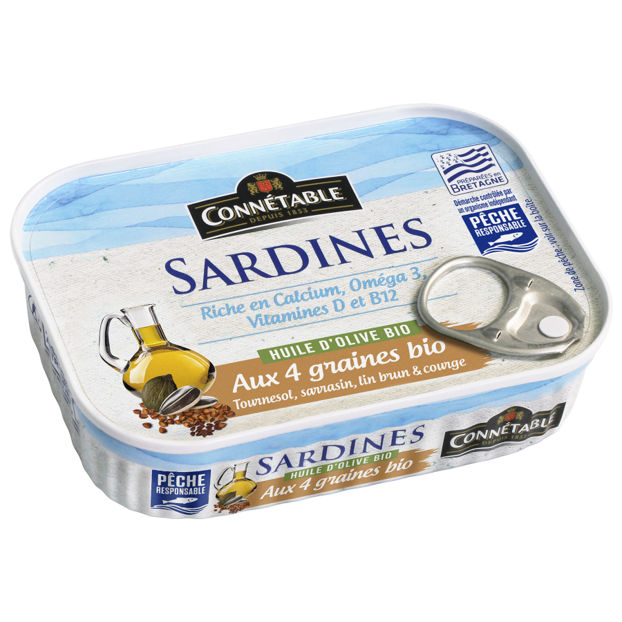 Sardines Pêche Responsable, à l’huile d’olive bio et aux 4 graines bio