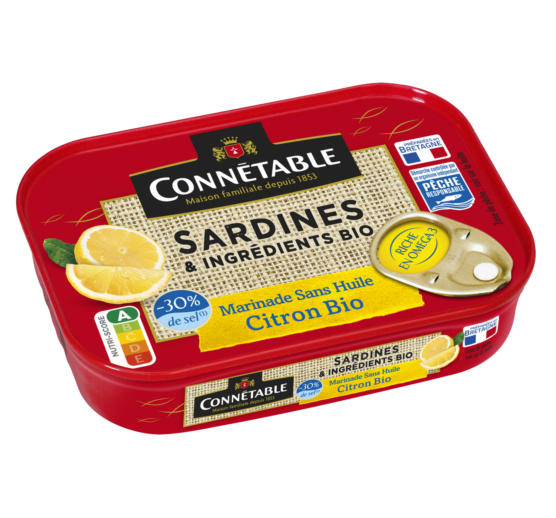 Sardines Pêche Responsable, marinade citron bio sans huile à teneur réduite en sel*