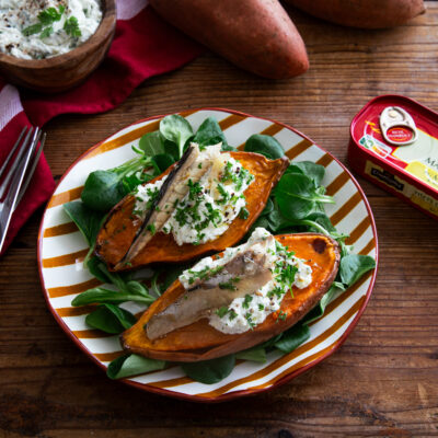 patate douce rotie ricotta et maquereaux
