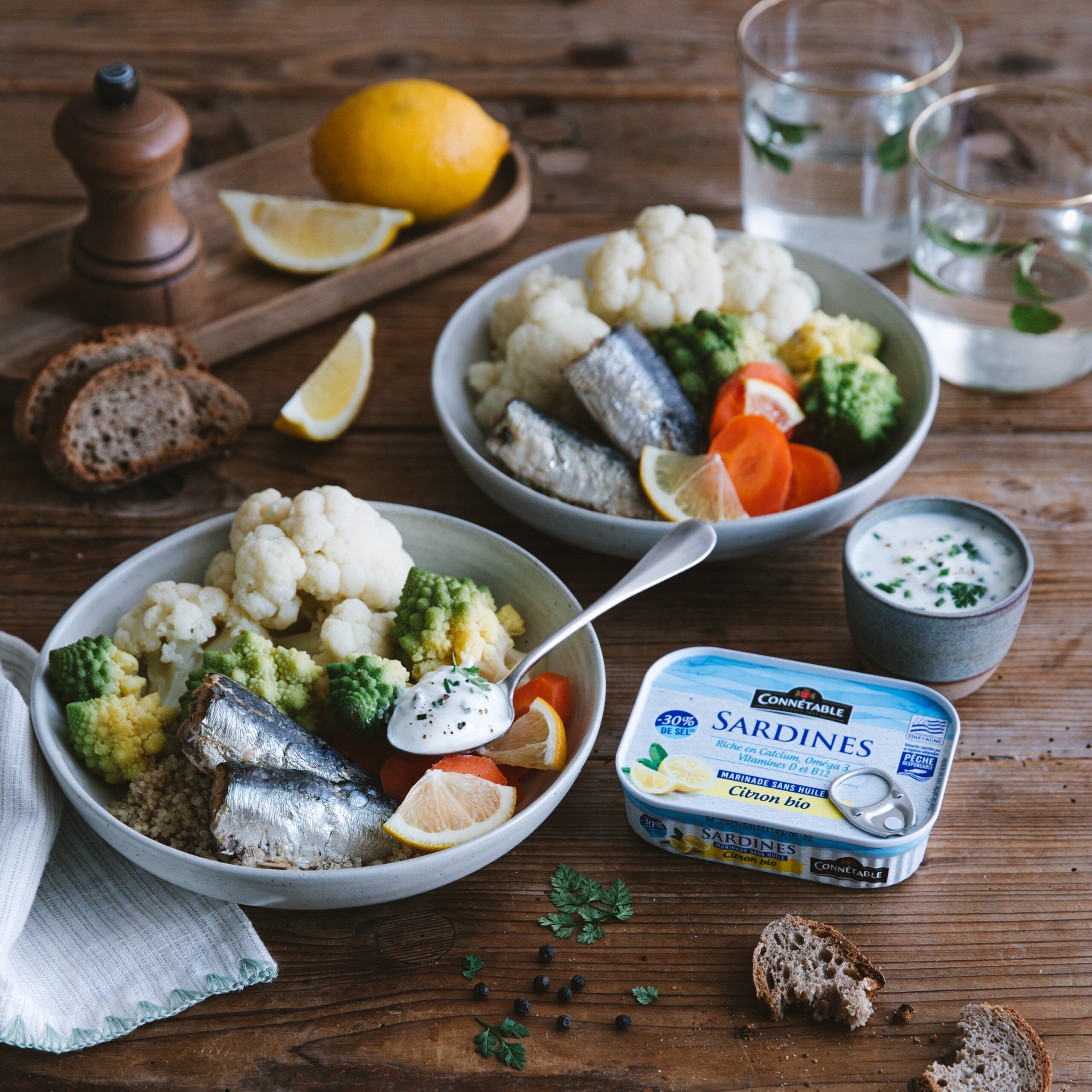 Légumes vapeur aux sardines marinade citron bio Pêche Responsable et sauce yaourt